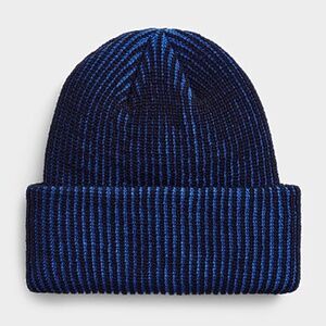 Unisex blue and black contrasting chunky rib knit tuque made in Canada NWT